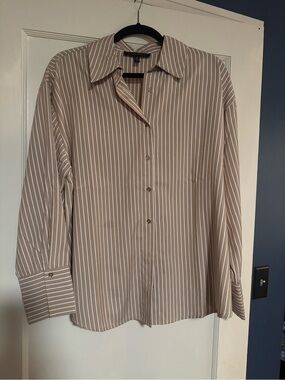 Eloquii Beige and White Vertical-Stripe Button Down Shirt